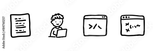 Programmer And Coding Line Icon Set In Doodle Style. Software Development, Coding, And Debugging Outline Sketch Collection. Hand Drawn Isolated Vector Illustration