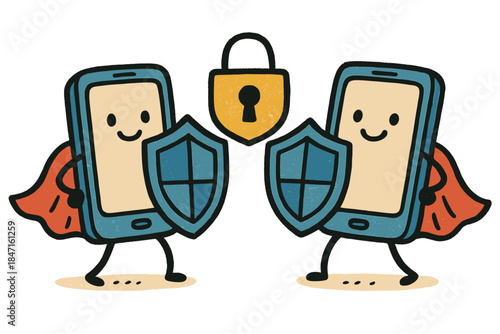 Heroic Phones Guarding Data. Fun doodle illustration of adorable phones wearing shields and capes protecting user information with