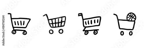 Shopping Cart Line Icon Set In Doodle Style. E-Commerce, Retail, And Online Shopping Outline Sketch Collection. Hand Drawn Isolated Vector Illustration