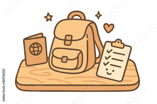 Cozy Travel Prep. Doodle vector illustration of cozy travel prep scene with backpack, passport holder, and cheerful checklist on