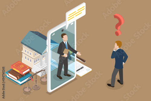 3D Isometric Flat Vector Illustration of Legal Advice Online, Entrepreneur Utilizes Smartphone For Legal Consultation With Lawyer