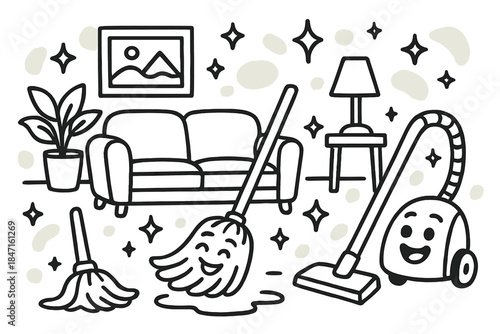 Cleaning Characters Dance. Doodle vector composition of cozy living room being cleaned by joyful mop and vacuum characters, with