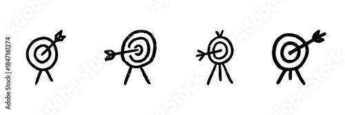 Target With Arrow Line Icon Set In Doodle Style. Precision, Goal Achievement, And Success Representation Outline Sketch Collection. Hand Drawn Isolated Vector Illustration