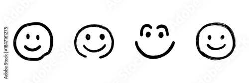 Smiley Face Line Icon Set In Doodle Style. Happiness, Positivity, And Emotional Expression Outline Sketch Collection. Hand Drawn Isolated Vector Illustration