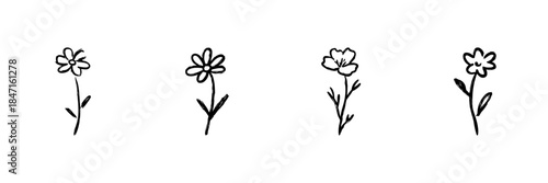 Simple Flower Line Icon Set In Doodle Style. Nature, Botanical, And Floral Design Elements Outline Sketch Collection. Hand Drawn Isolated Vector Illustration