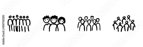 Group Of People Line Icon Set In Doodle Style. Community, Teamwork, And Social Interaction Outline Sketch Collection. Collaborative And Inclusive Representation. Hand Drawn Vector Illustration