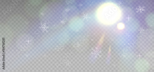 Delicate winter sunny day with Warm White sun light flares with transparent sparkle effects and snowflakes. Overlay snowfall background. Vector