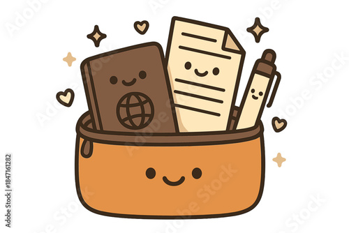Travel Pouch Delight. Adorable doodle vector of travel pouch filled with smiling passport, folded itinerary, and pen, surrounded