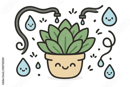 Smiling Succulent Scene. Cute doodle vector of smiling succulent surrounded by playful drip irrigation tubes and raindrop
