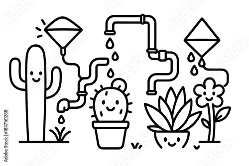 Cactus Dew Collectors. Doodle-style vector illustration of happy cactus and desert plants using creative dew collectors and pipes,