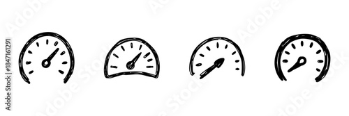 Speedometer Gauge Line Icon Set In Doodle Style. Performance Measurement And Speed Tracking Outline Sketch Collection. Hand Drawn Isolated Vector Illustration