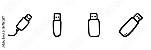 Usb Flash Drive And Cable Line Icon Set In Doodle Style. Data Storage, File Transfer, And Connectivity Outline Sketch Collection. Hand Drawn Isolated Vector Illustration