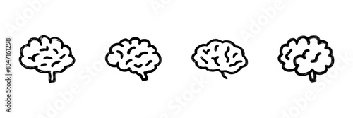 Four Brain Line Icons In Doodle Style. Cognitive Function, Intelligence, And Mental Health Outline Sketch Collection. Neuroscience And Psychology Concepts. Hand Drawn Isolated Vector Illustration