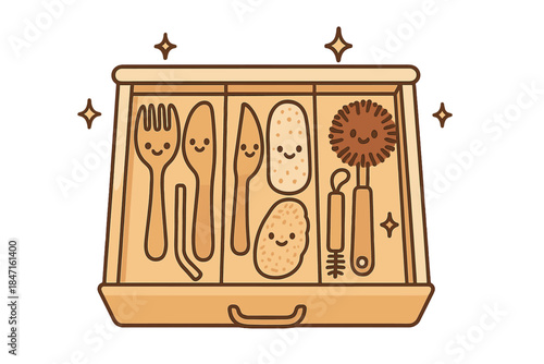 Eco-Friendly Kitchen Tools. Adorable doodle vector of kitchen drawer with happy sustainable tools neatly arranged and sparkling