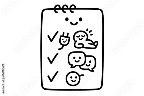Happy Digital Detox. Cute doodle vector of happy checklist showing simple digital detox steps—unplug, relax, reconnect—with