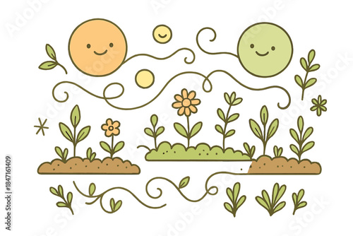 Floating Orbs and Plants. Whimsical doodle vector of floating orbs and plants connected by smiling energy threads between parallel