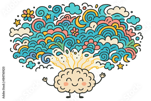 Cheerful Brain Doodles. Doodle-style vector illustration of cheerful brain character connected to glowing neural lace threads
