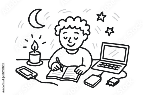 Journaling Evening Ritual. Doodle-style vector illustration of cozy evening ritual with happy person journaling while devices