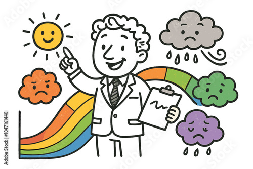 Whimsical Meteorologist Forecast. Whimsical doodle vector of friendly meteorologist character surrounded by shifting rainbow