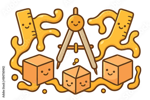 Liquid Design Tools. Cute doodle vector of happy design tools—rulers, compasses, and 3D models—bending and flowing like liquid