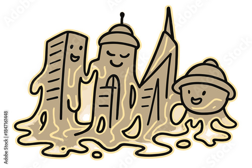 Melting Futuristic Architecture. Doodle-style vector illustration of cheerful futuristic buildings melting and reshaping into new