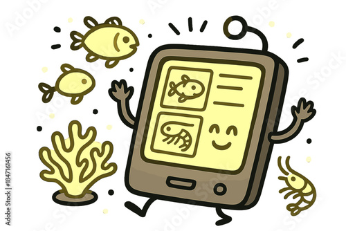 Underwater Doodle Delight. Playful doodle vector of glowing fish, coral, and shrimp samples floating around a happy cataloging