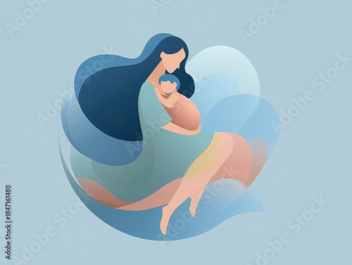 An illustration depicting a mother tenderly cradling a baby, composed of soft gradients and abstract shapes