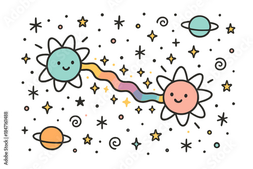 Cosmic Particles Doodle. Charming doodle vector of cosmic background where entangled particles share information through sparkling