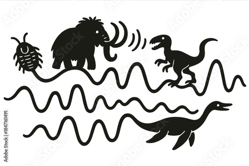 Ancient Echoes Doodle. Playful doodle vector of ancient creatures’ silhouettes forming musical echoes from reconstructed