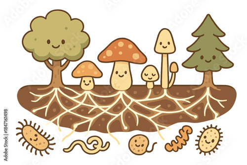Whimsical Mushroom Network. Whimsical doodle vector of glowing mycelium web linking adorable mushrooms, trees, and soil microbes