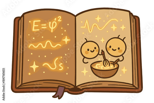 Magical Recipe Doodle. Whimsical doodle vector of adorable recipe book filled with glowing equations, waveforms, and smiling