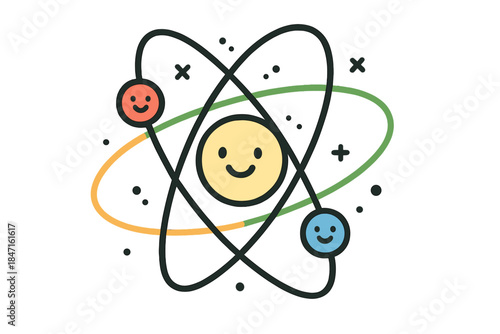Cheerful Scientific Interface. Doodle-style vector illustration of cheerful scientific interface displaying smiling subatomic