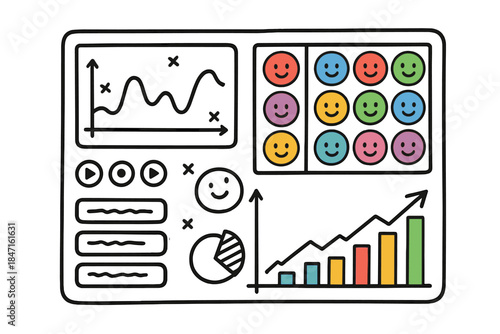 Happy Particle Dashboard. Doodle-style vector illustration of digital visualization dashboard showing cheerful colorful quarks,