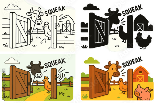 Illustrated Barnyard Gates. Barnyard scene showing open gate with squeaking hinge highlighted in motion, first in line style with