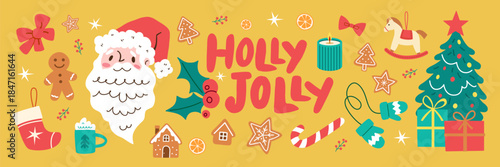 Christmas illustration with Santa Claus, Christmas tree, gifts, stockings and festive holiday icons in a bright seasonal composition