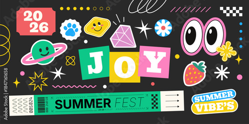 Y2K Summer Festival Sticker Collection with JOY Letters, Retro Planets, Stars, Fruits, and Playful Graphics 2026