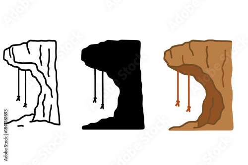 Rock Cliff Artistry. Rock cliff, cave-like annex, rope access points, first in line style with thin outline, second in solid style