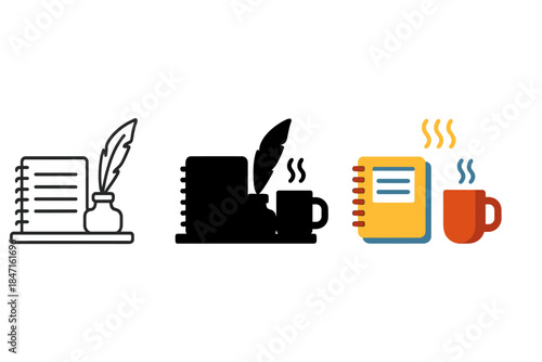 Creative Workspace Elements. Notebook, quill, steaming mug, first in line style with thin outline, second in solid style filled