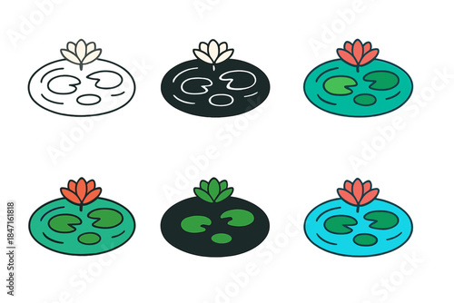Lily Pads Miniature. Tiny world of lily pads with small ripples and floating flowers, simple minimal vector design, first in line