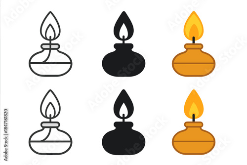 Oil Lamp Evolution. Close-up of lit wick inside small oil lamp, minimal vector design, first in line style with thin outline,