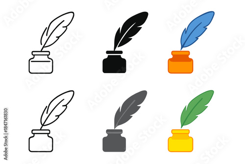 Feather Quill Icons. Gull feather quill angled over inkpot, clean geometric minimal icon, first in line style with thin outline,