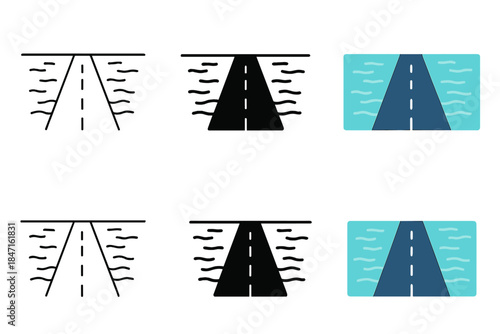 Serene Lake Flooded Road. Flooded road disappearing into serene lake with subtle ripples, abstract minimal vector design, first in
