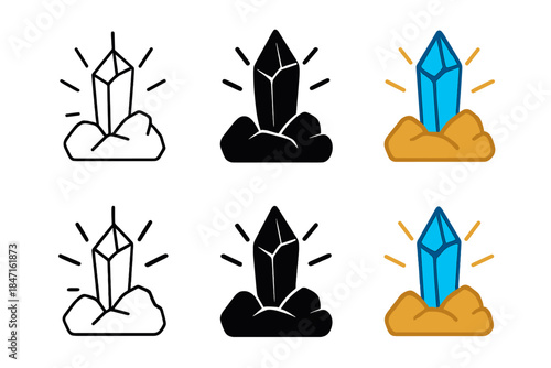 Radiant Quartz Design. Quartz crystal embedded in rock with radiant pulse lines, abstract minimal vector design, first in line