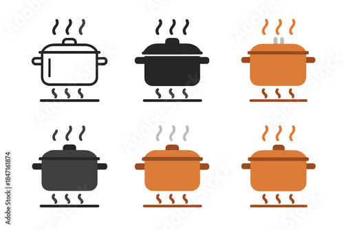 Copper Pot Icon. Copper pot on stove with subtle heat lines and rising steam, clean geometric minimal icon, first in line style