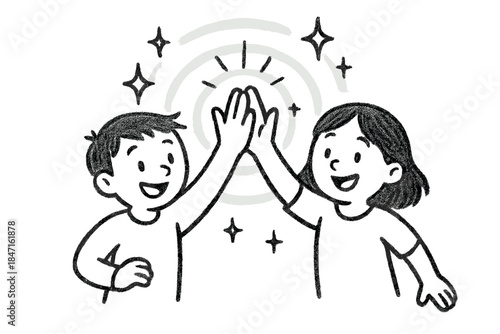 Starry High-Five Ripple. Charming doodle high-five creating a circular ripple of light and stars, joyful teamwork and positive