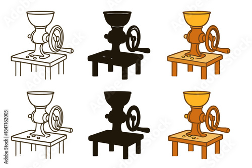 Stylized Grain Grinder. Rustic hand-cranked grain grinder on a table, stylized with clean minimal curves to evoke slow traditional