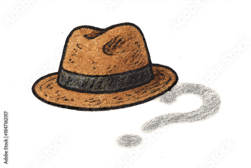 Detective Fedora Shadow. Whimsical doodle fedora hat casting a soft question mark–shaped shadow, cozy detective noir atmosphere