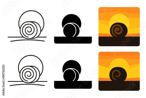 Hay Bale Silhouette. Silhouette of hay bale against setting sun on open plain, minimalist pastoral calmness and balance, first in