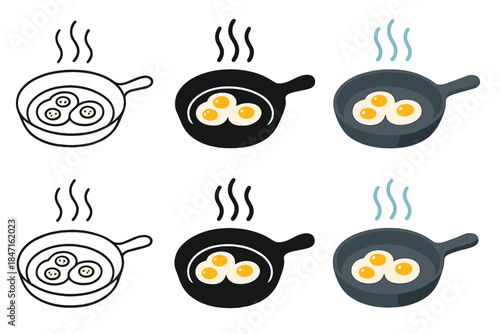 Stylized Quail Eggs. Small quail eggs sizzling in cast iron pan, gentle steam rising in elegant minimalist form, representing