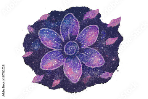 Nebula Flower Bliss. Sweet doodle nebula flower surrounded by drifting stardust petals and soft galaxy hues, No text, No labels,